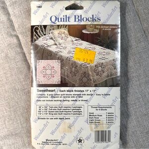 VTG WonderArt 6 Stamped Quilt Blocks Kit 17"x 17" Sweetheart Cross Stitch NOS
